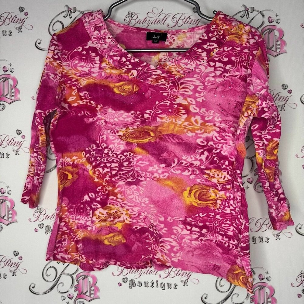 Juli Pink and Orange shirt Top rhinestone bling crystal flowers floral roses